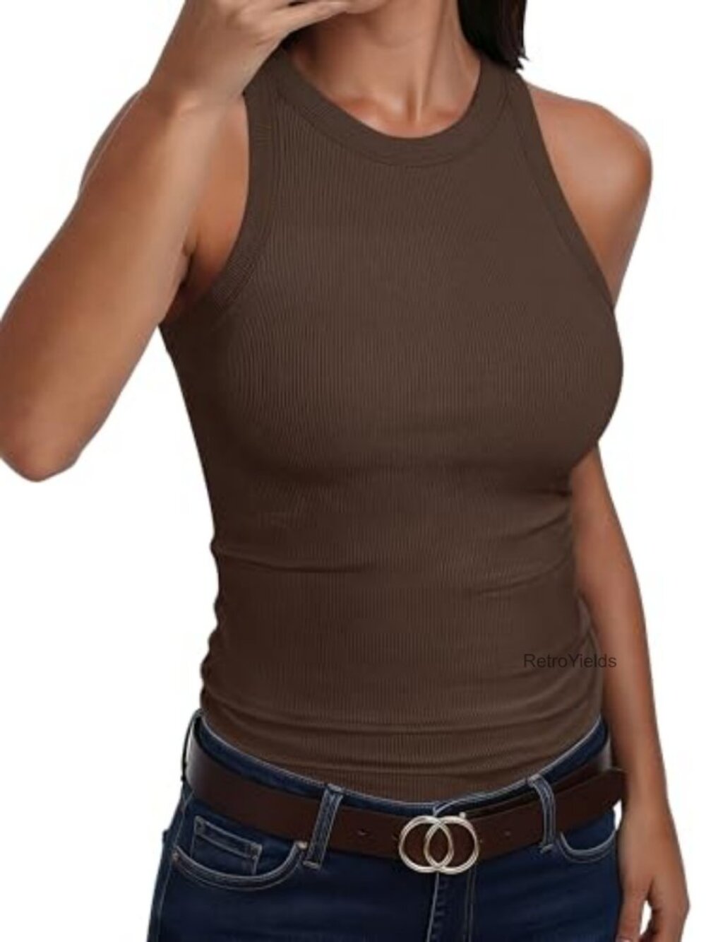 Sleeveless Ribbed Knit High Neck Tank Top Racerback Slim Fit Women's Workout